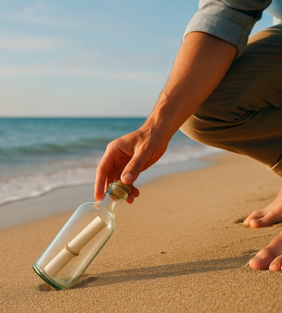 Une main dépose une bouteille contenant un message sur le sable, face à la mer.